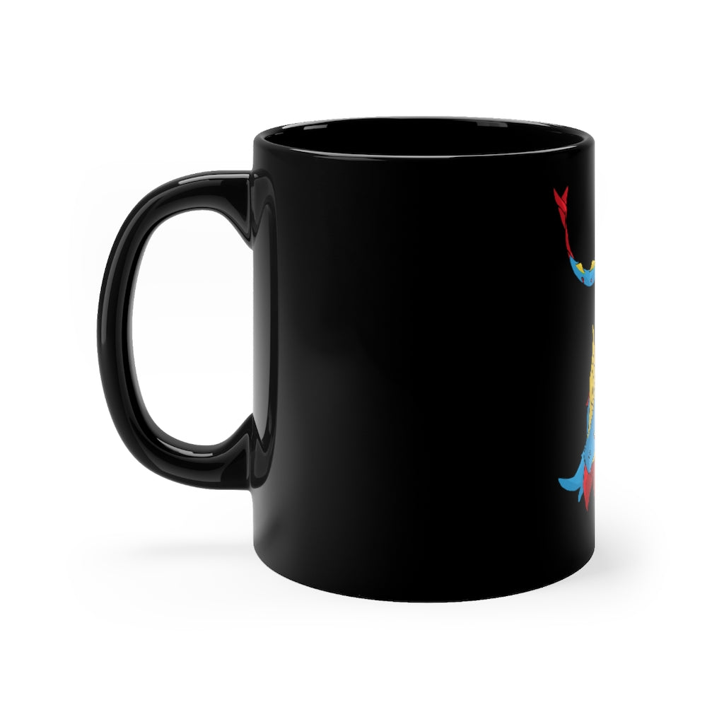 A sleek 11oz black ceramic mug with rounded corners and a C-handle, showcasing its elegant design and full-wrap decoration style.