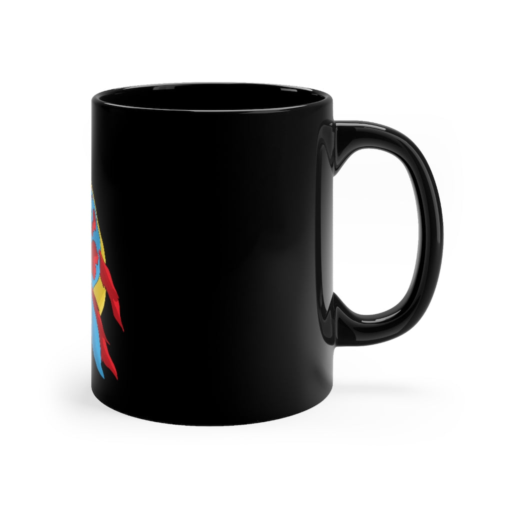 A sleek 11oz black ceramic mug with rounded corners and a C-handle, showcasing its elegant design and full-wrap decoration style.