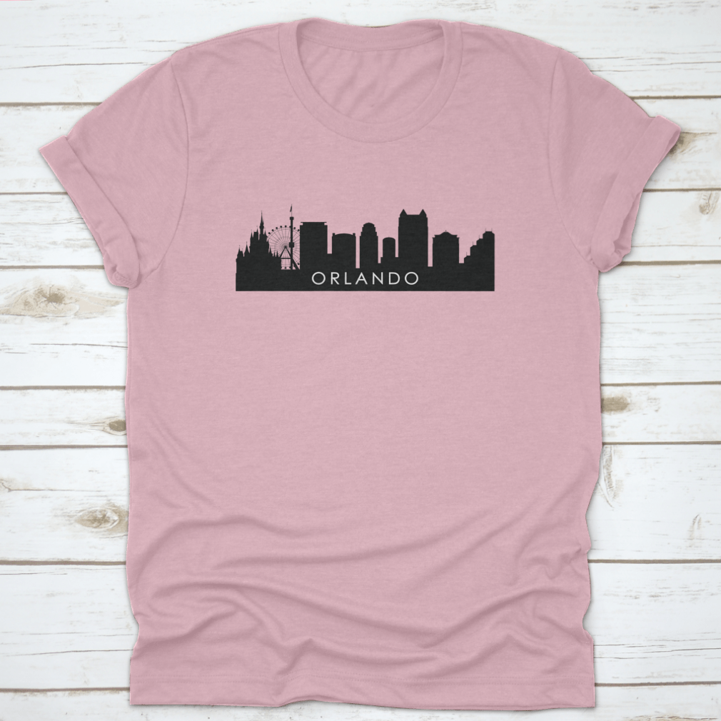 Black outline silhouette of Orlando skyline showcasing iconic buildings and urban landscape.