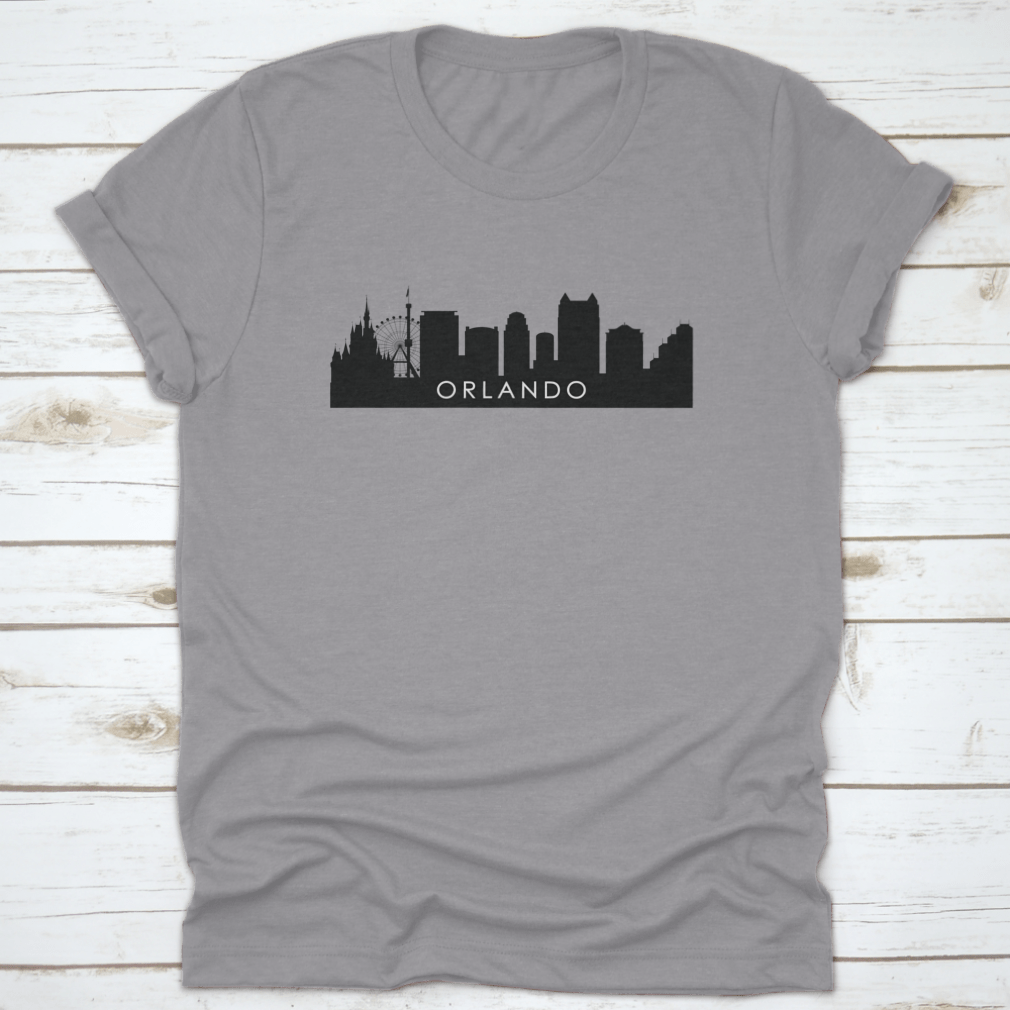 Black outline silhouette of Orlando skyline showcasing iconic buildings and urban landscape.