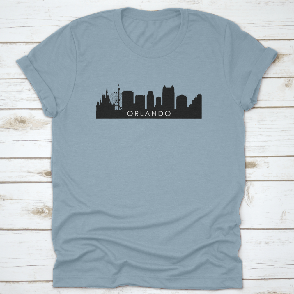 Black outline silhouette of Orlando skyline showcasing iconic buildings and urban landscape.