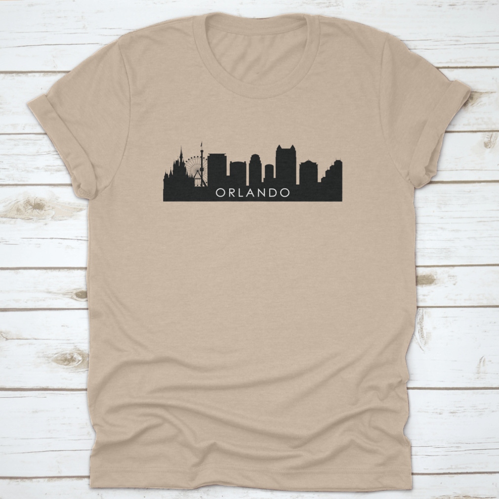 Black outline silhouette of Orlando skyline showcasing iconic buildings and urban landscape.