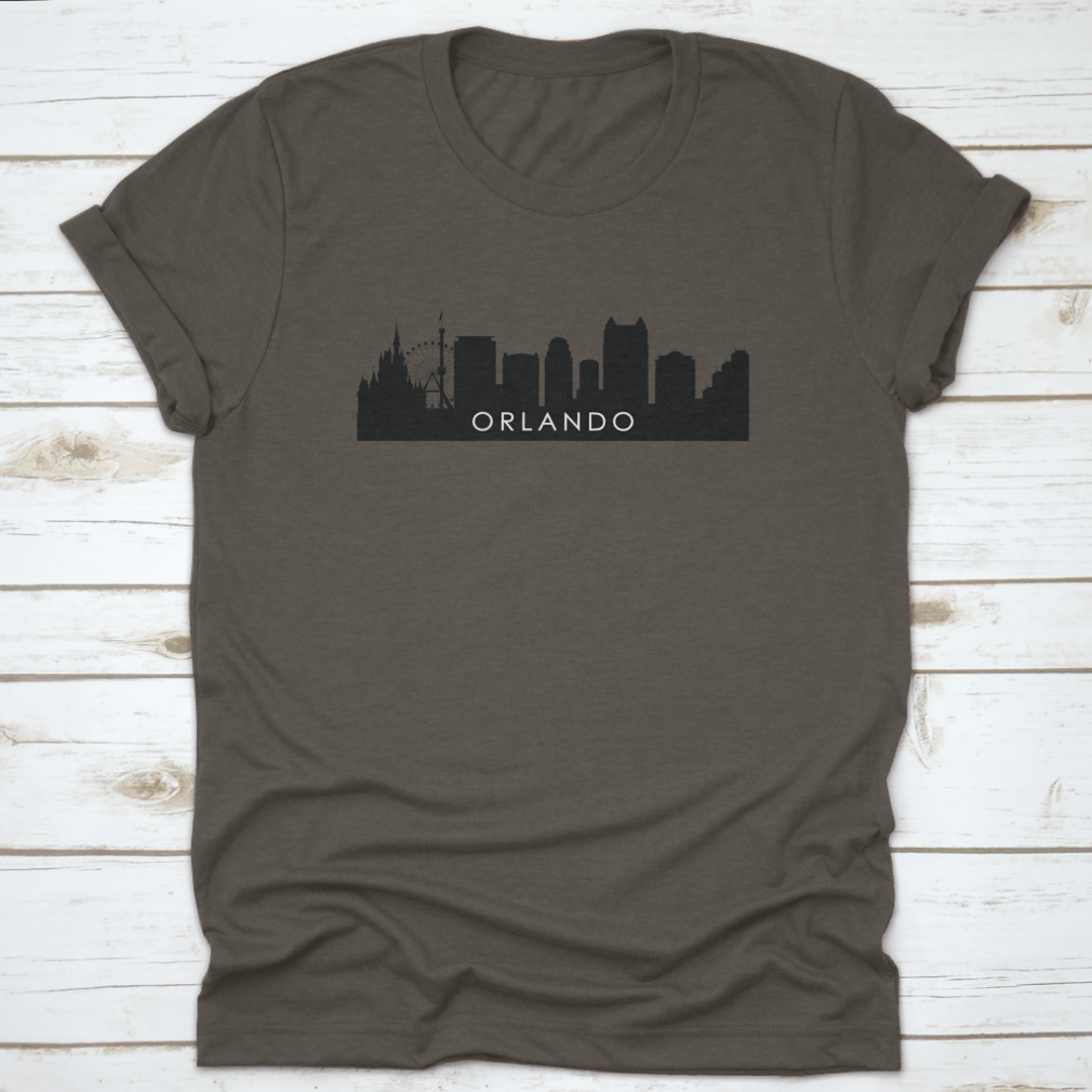 Black outline silhouette of Orlando skyline showcasing iconic buildings and urban landscape.