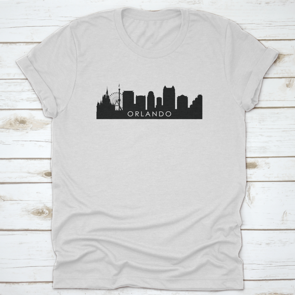 Black outline silhouette of Orlando skyline showcasing iconic buildings and urban landscape.