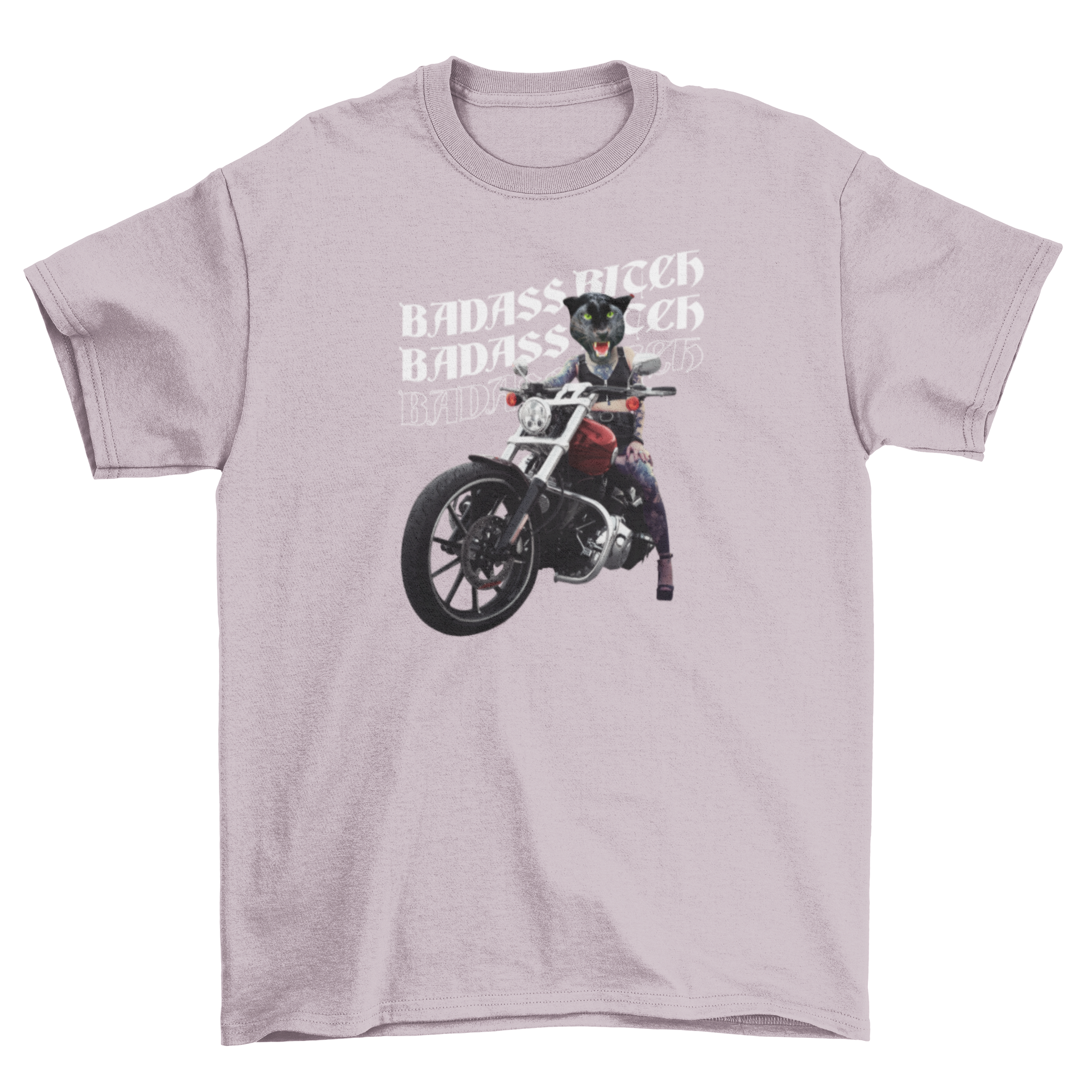 A stylish black t-shirt featuring a girl with a black panther head riding a motorcycle, accompanied by the quote 'Badass bitch'.