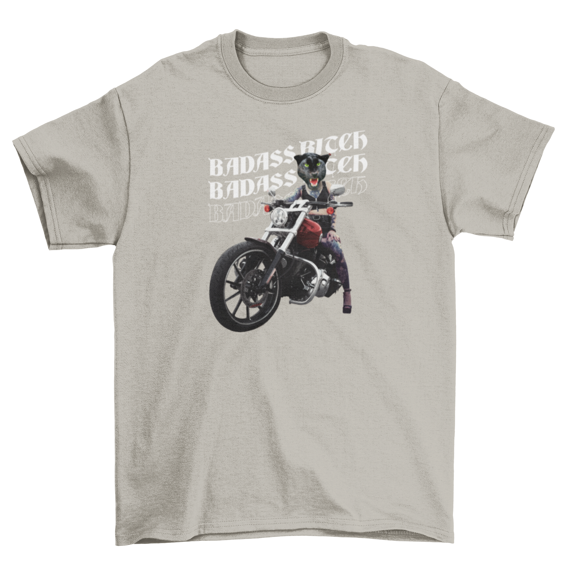 A stylish black t-shirt featuring a girl with a black panther head riding a motorcycle, accompanied by the quote 'Badass bitch'.