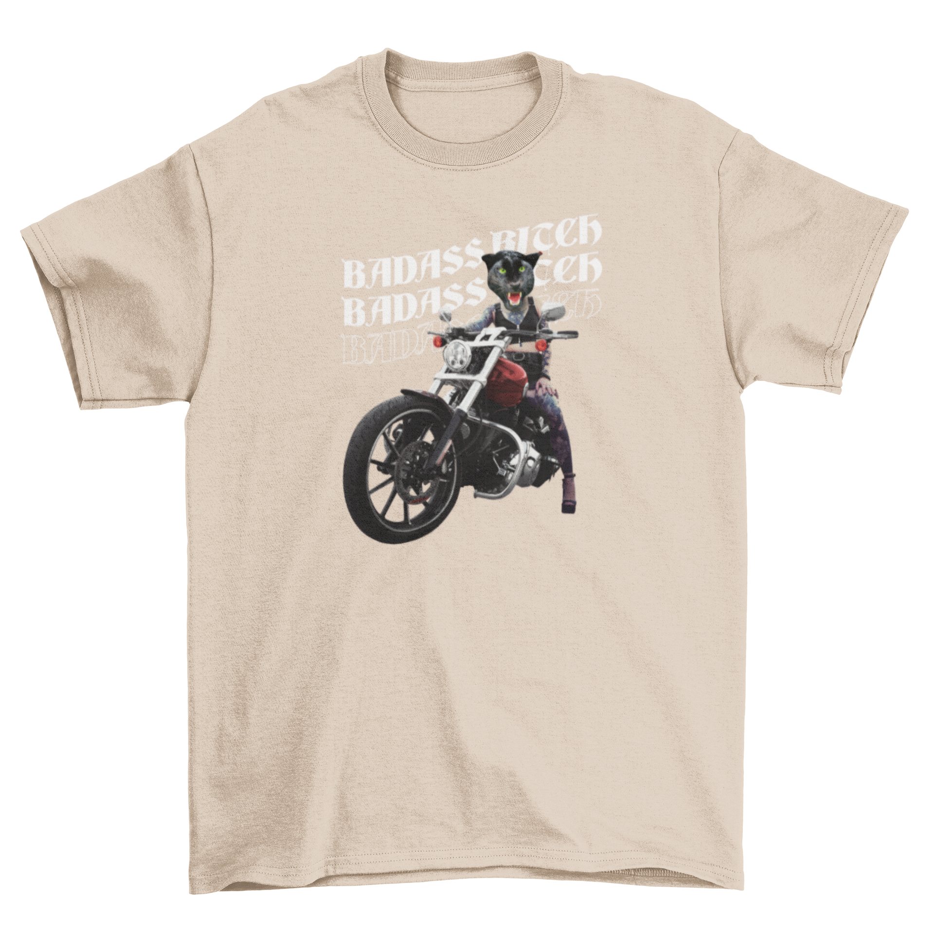 A stylish black t-shirt featuring a girl with a black panther head riding a motorcycle, accompanied by the quote 'Badass bitch'.