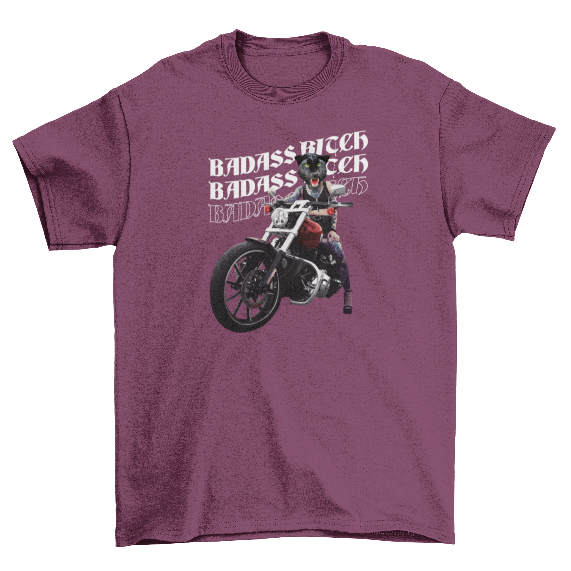 A stylish black t-shirt featuring a girl with a black panther head riding a motorcycle, accompanied by the quote 'Badass bitch'.