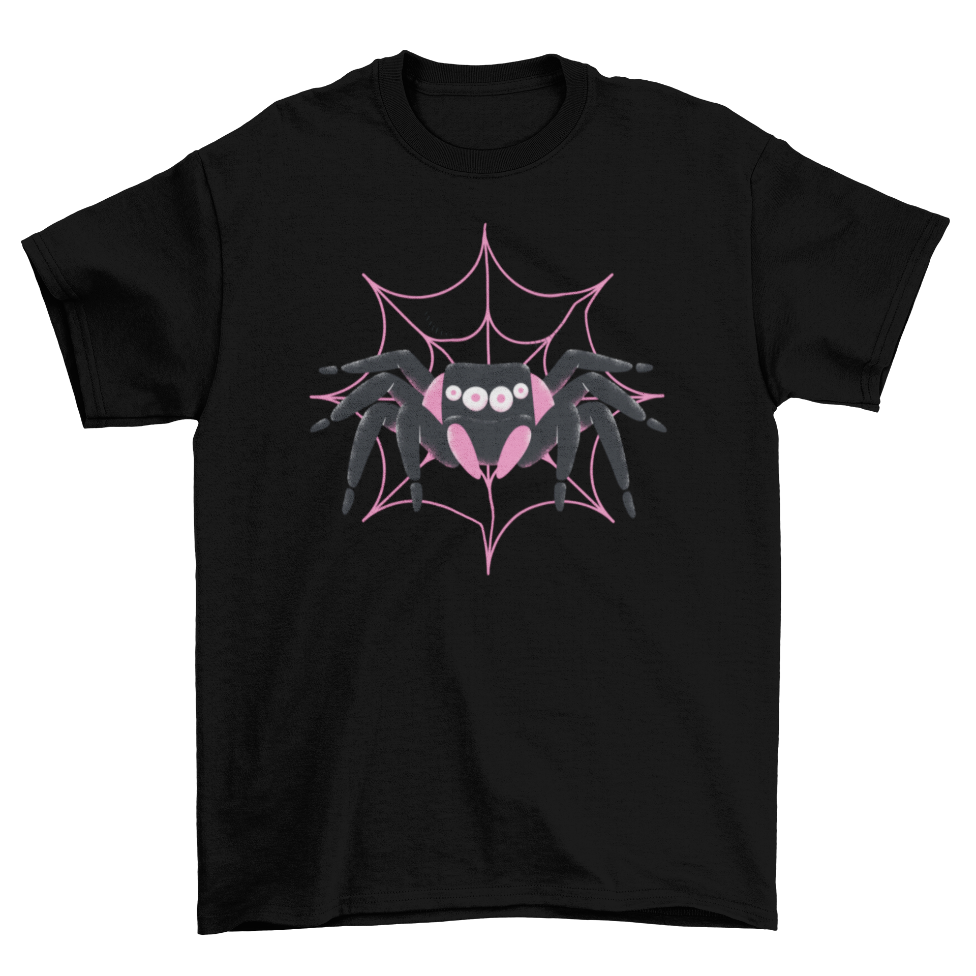 Black Pink Spider T-shirt featuring a cute spider illustration in black and pink colors, perfect for casual wear.