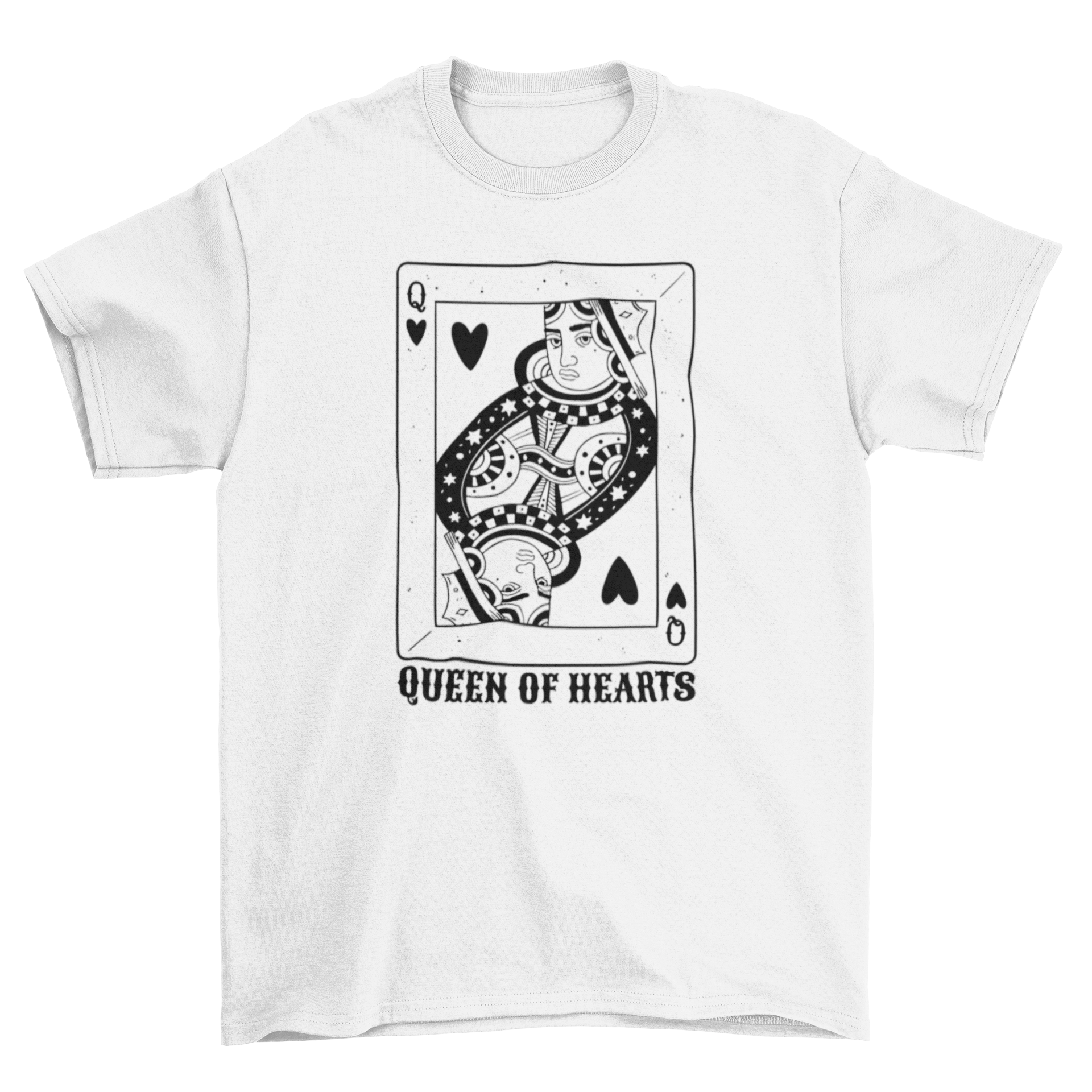 Black Queen of Hearts T-shirt featuring a vibrant graphic design of a queen playing card.