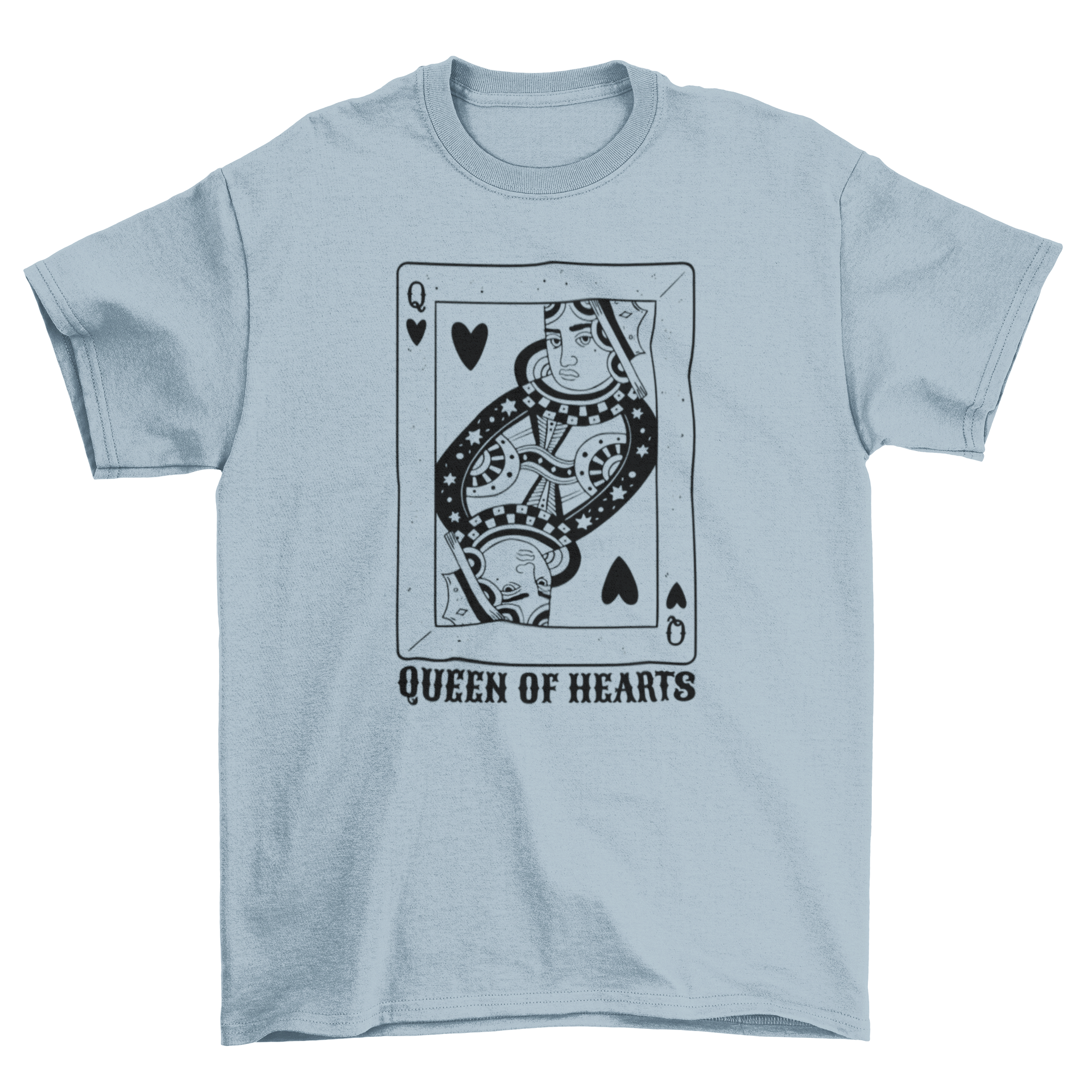 Black Queen of Hearts T-shirt featuring a vibrant graphic design of a queen playing card.