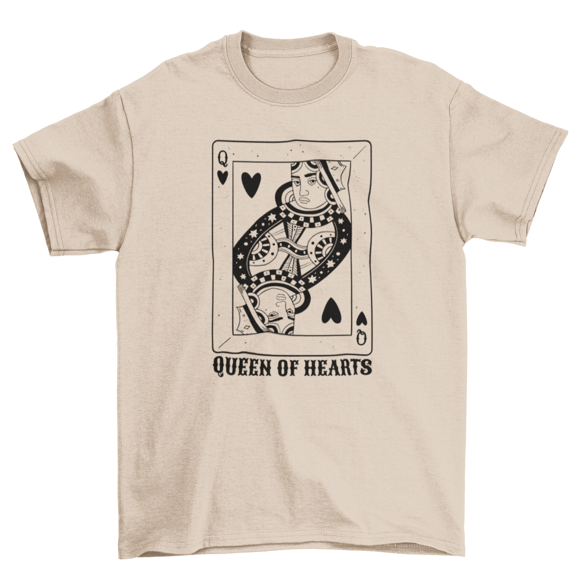 Black Queen of Hearts T-shirt featuring a vibrant graphic design of a queen playing card.