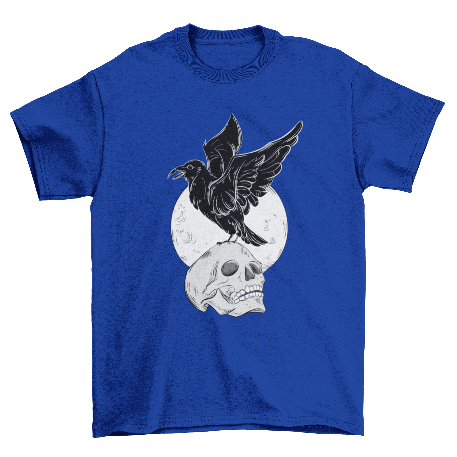 A stylish black t-shirt featuring a raven perched on a skull, showcasing a unique and edgy design.