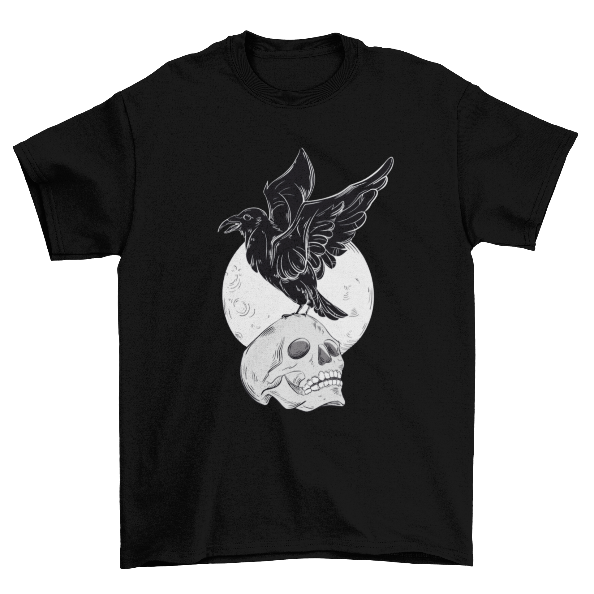 A stylish black t-shirt featuring a raven perched on a skull, showcasing a unique and edgy design.