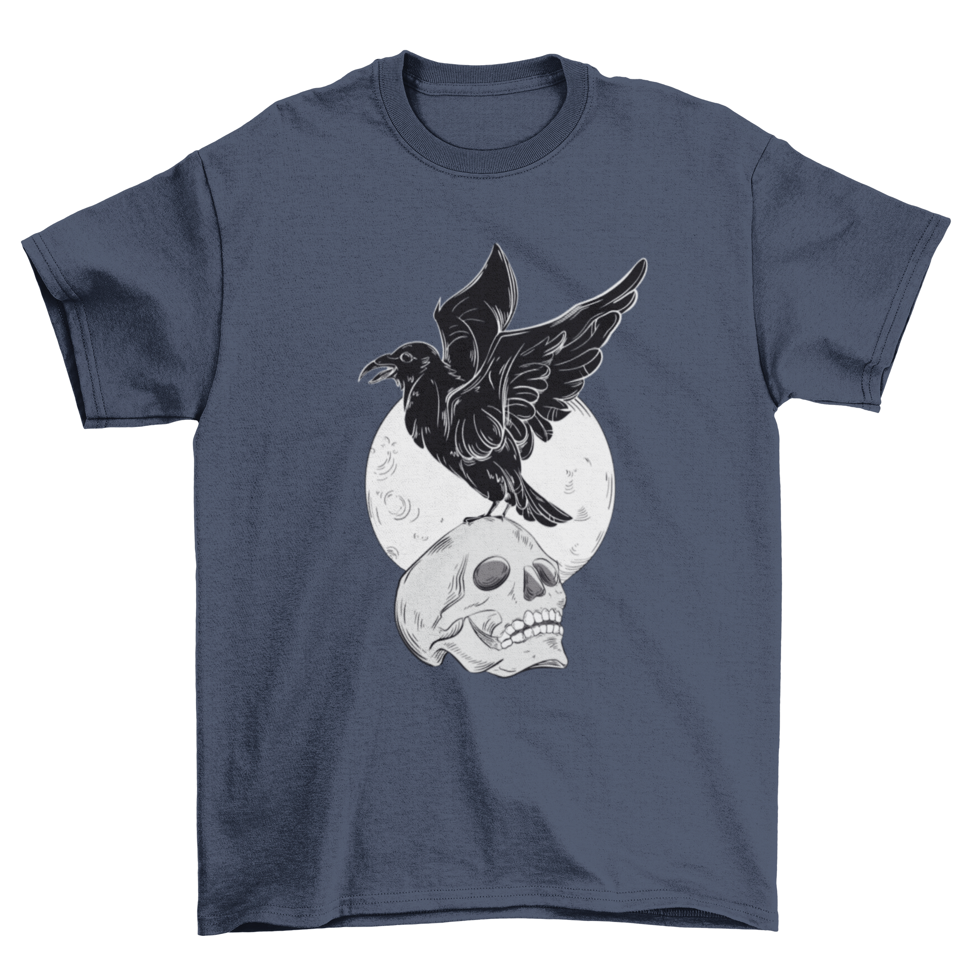 A stylish black t-shirt featuring a raven perched on a skull, showcasing a unique and edgy design.