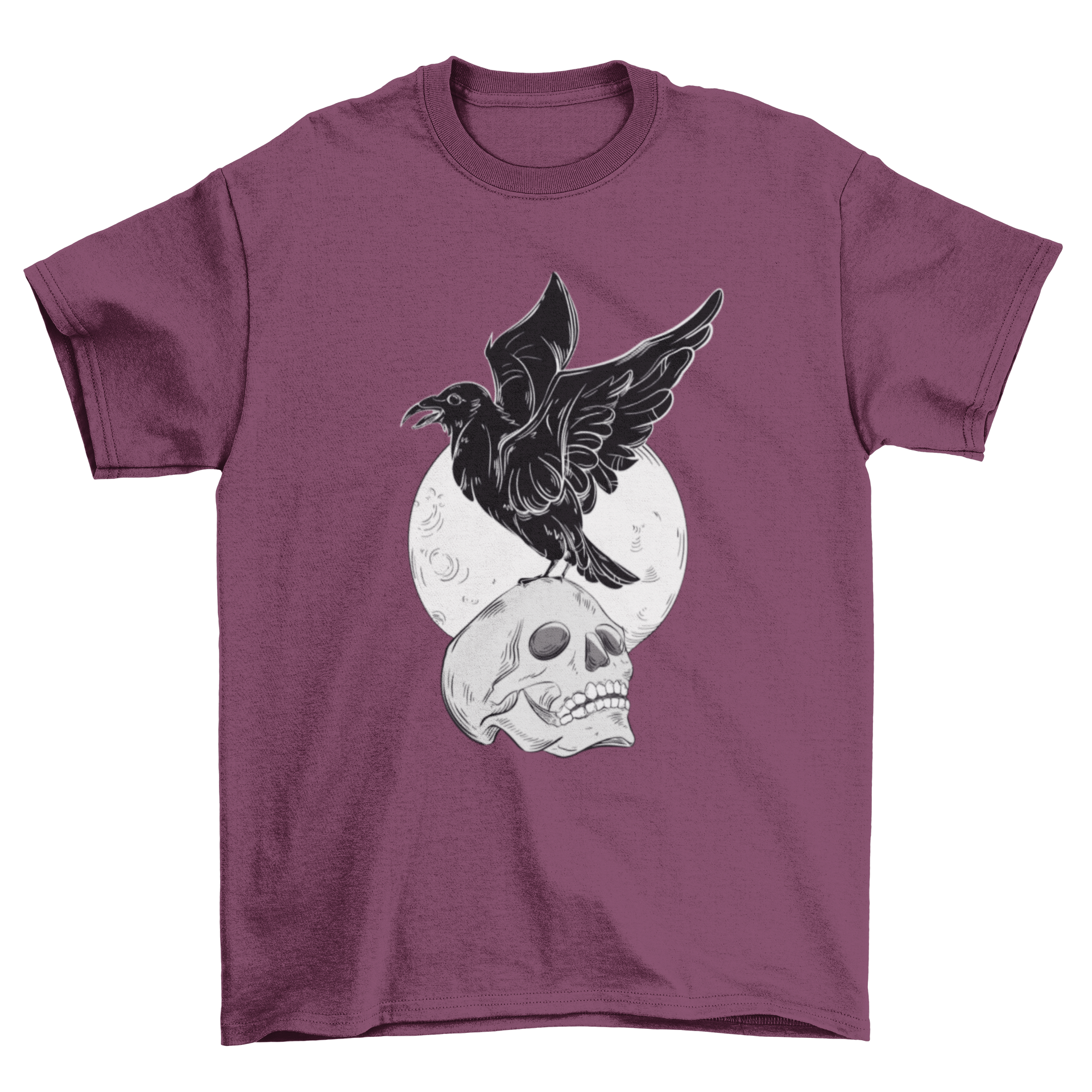 A stylish black t-shirt featuring a raven perched on a skull, showcasing a unique and edgy design.