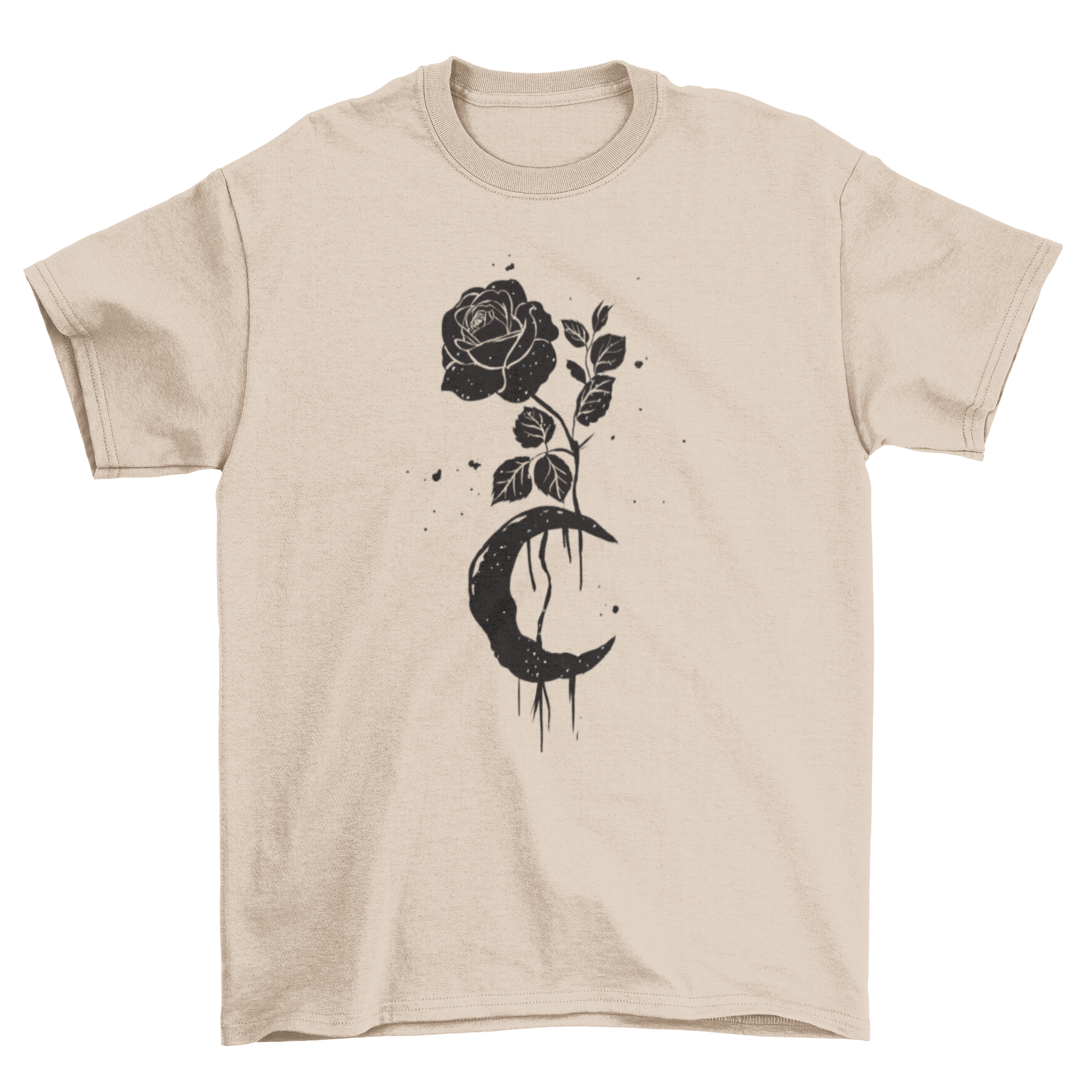 Black Rose and Moon T-shirt featuring a unique artistic design with a grunge spray effect.