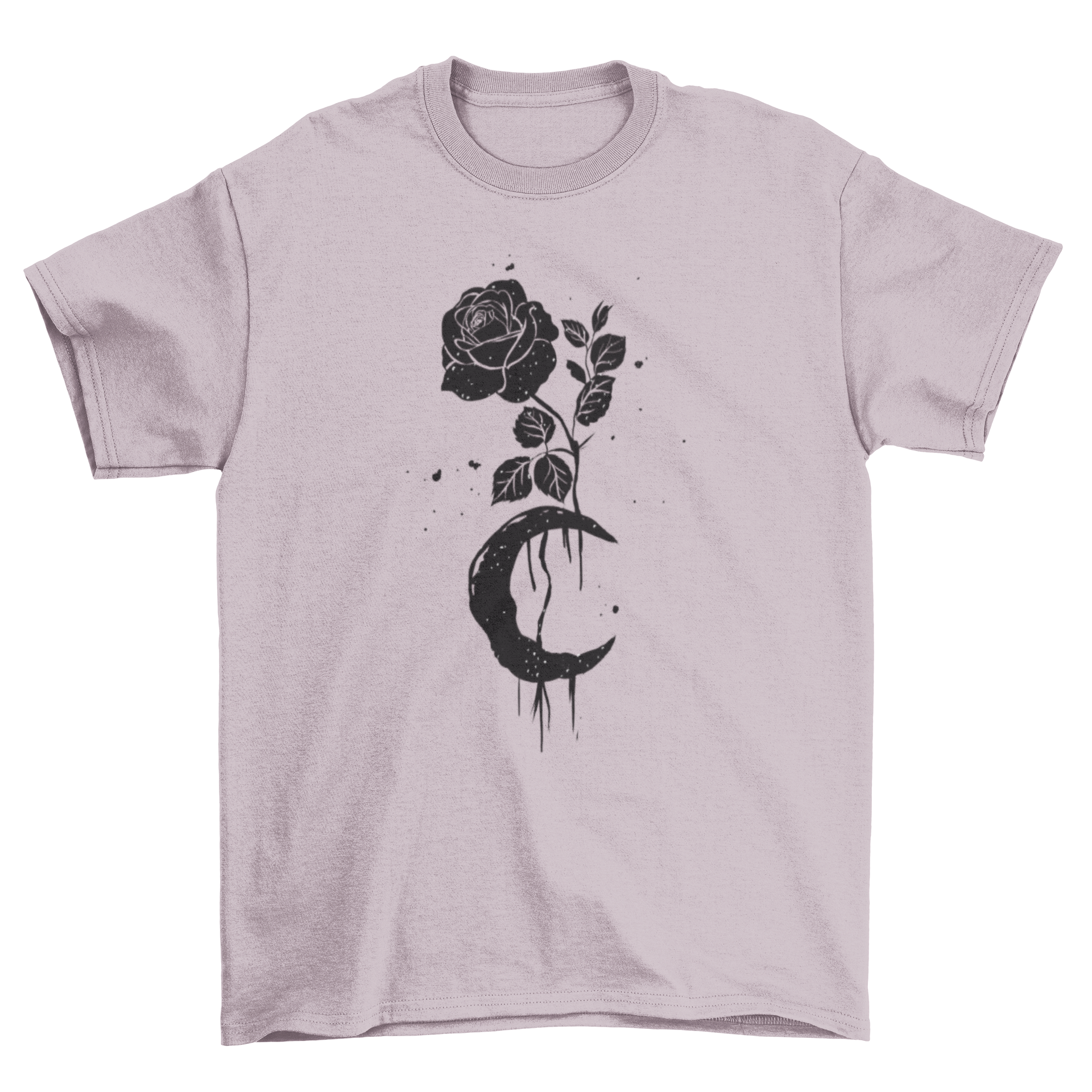 Black Rose and Moon T-shirt featuring a unique artistic design with a grunge spray effect.