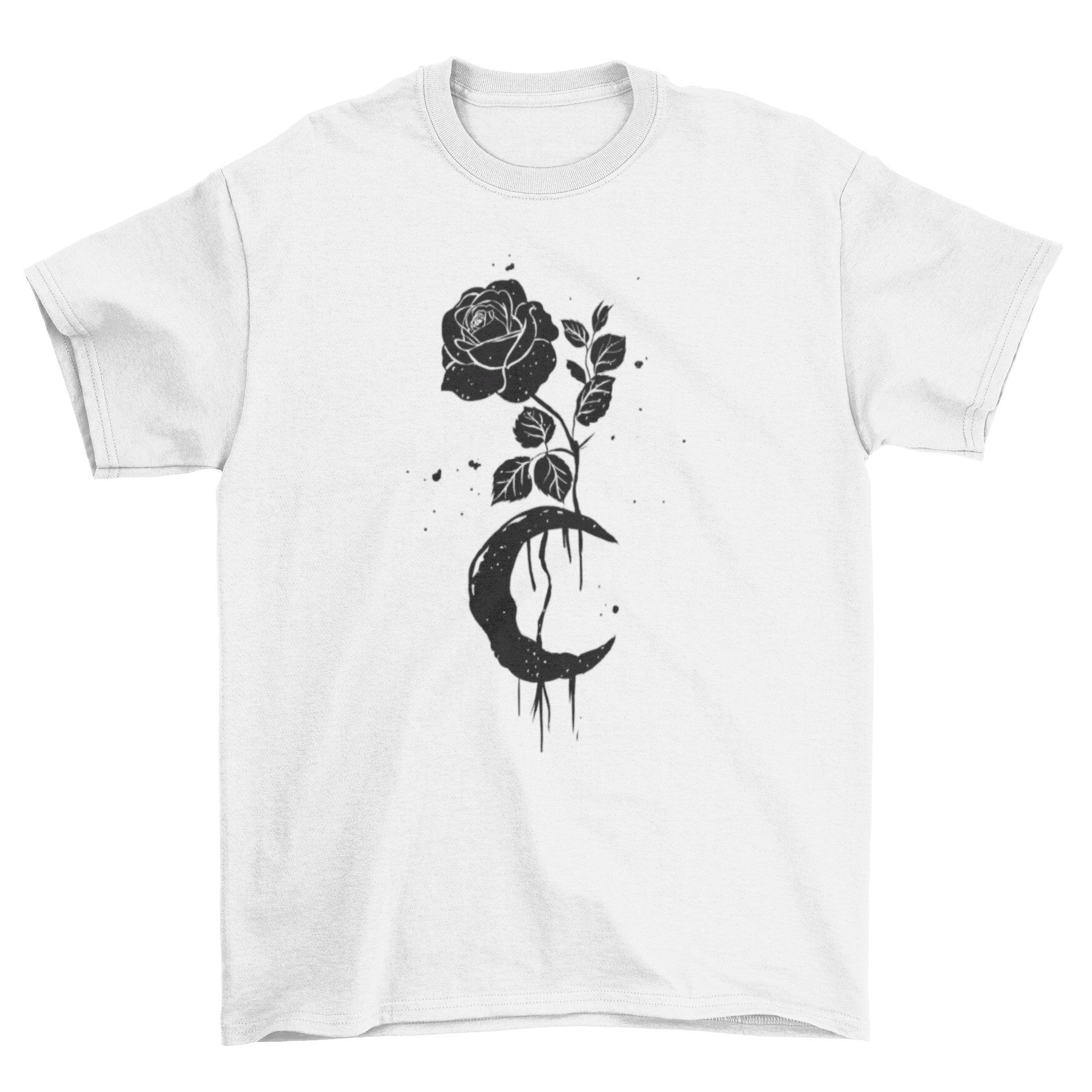 Black Rose and Moon T-shirt featuring a unique artistic design with a grunge spray effect.