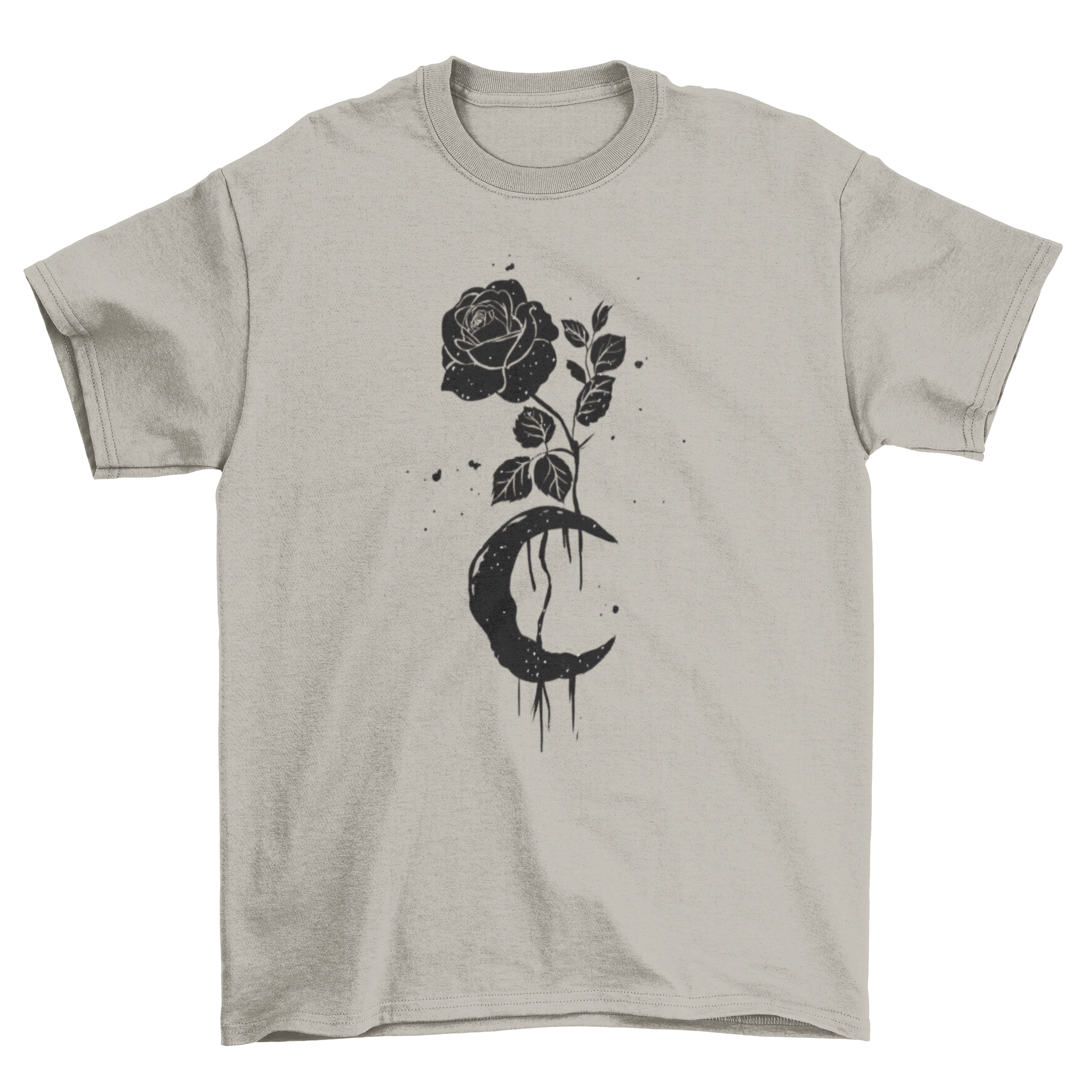 Black Rose and Moon T-shirt featuring a unique artistic design with a grunge spray effect.