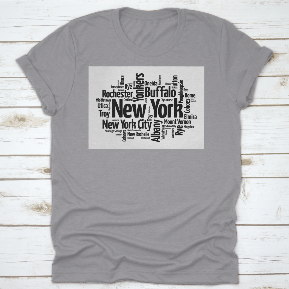 Black silhouette word cloud map of New York featuring names of major US cities, stylish and modern design.