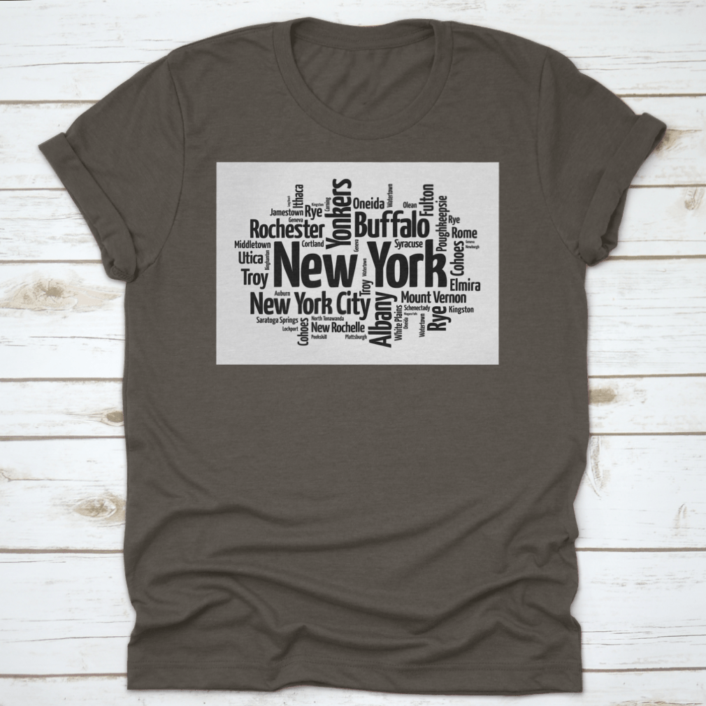 Black silhouette word cloud map of New York featuring names of major US cities, stylish and modern design.