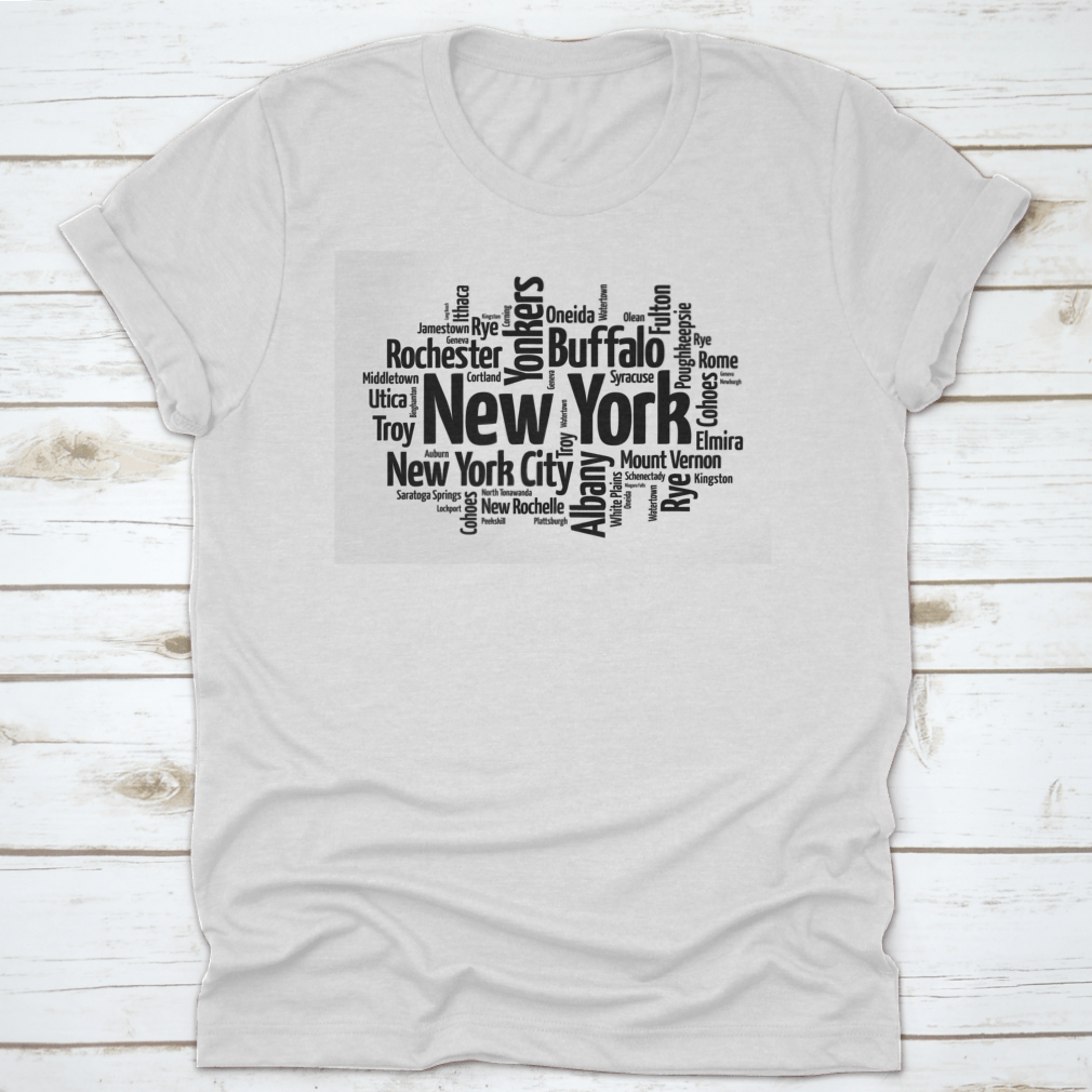 Black silhouette word cloud map of New York featuring names of major US cities, stylish and modern design.