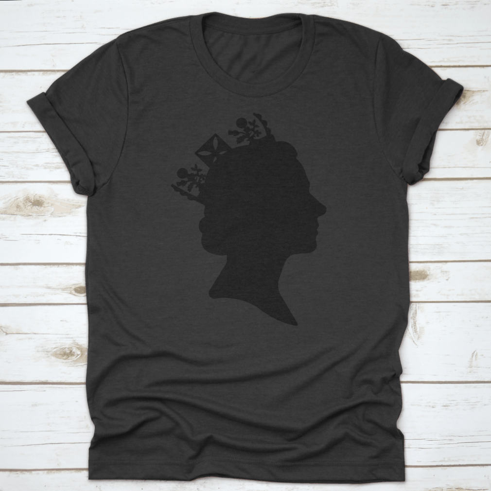 Black silhouette design of Queen Elizabeth on a classic t-shirt, showcasing elegance and style.