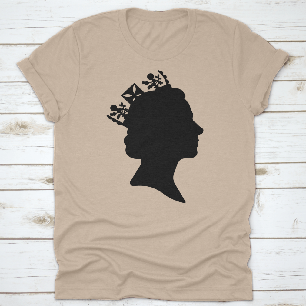 Black silhouette design of Queen Elizabeth on a classic t-shirt, showcasing elegance and style.