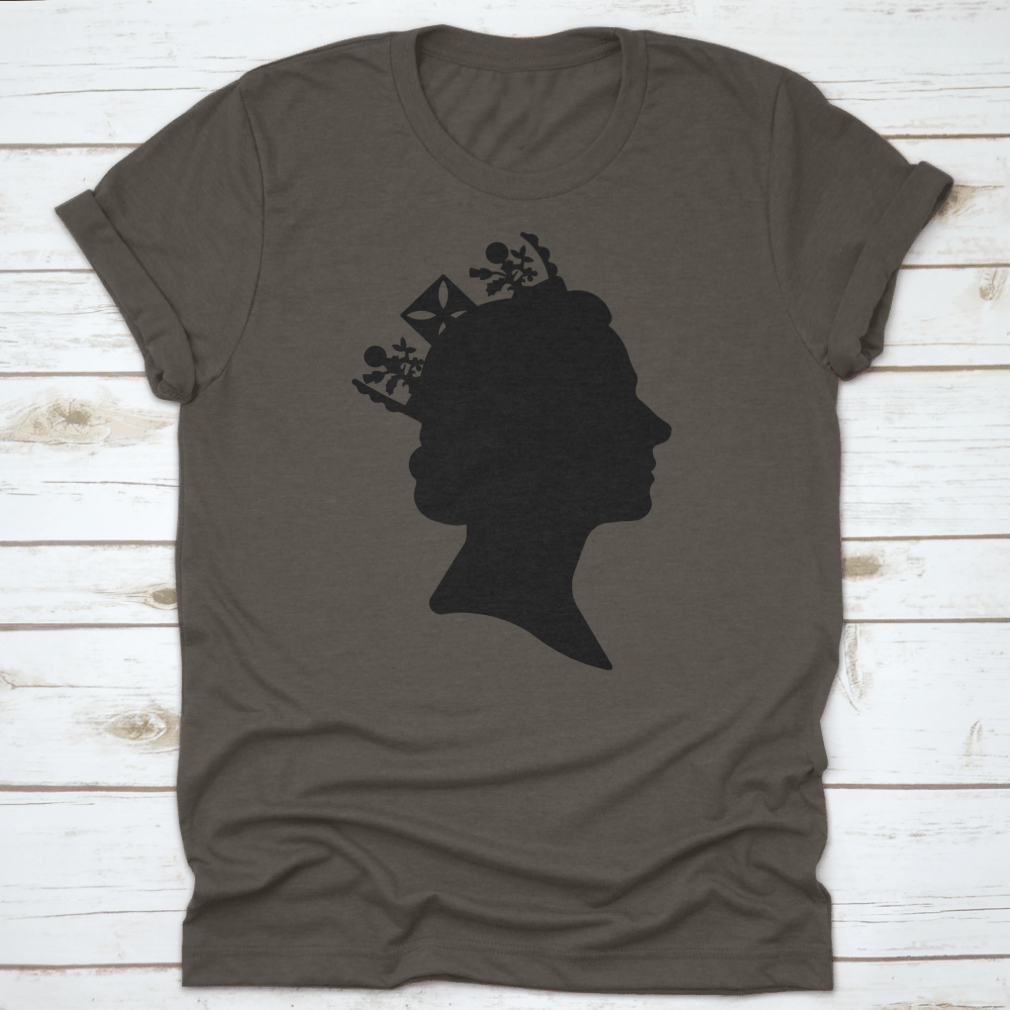 Black silhouette design of Queen Elizabeth on a classic t-shirt, showcasing elegance and style.