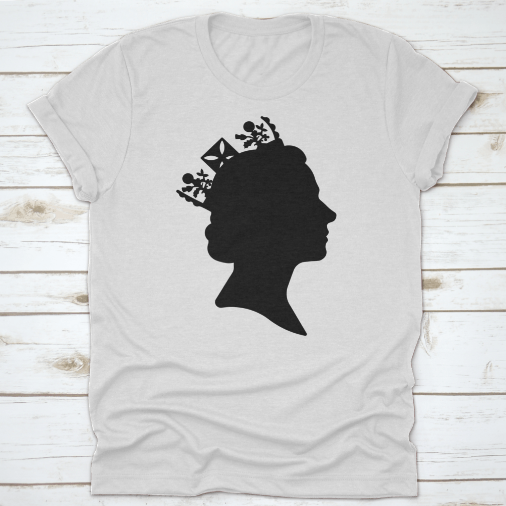 Black silhouette design of Queen Elizabeth on a classic t-shirt, showcasing elegance and style.