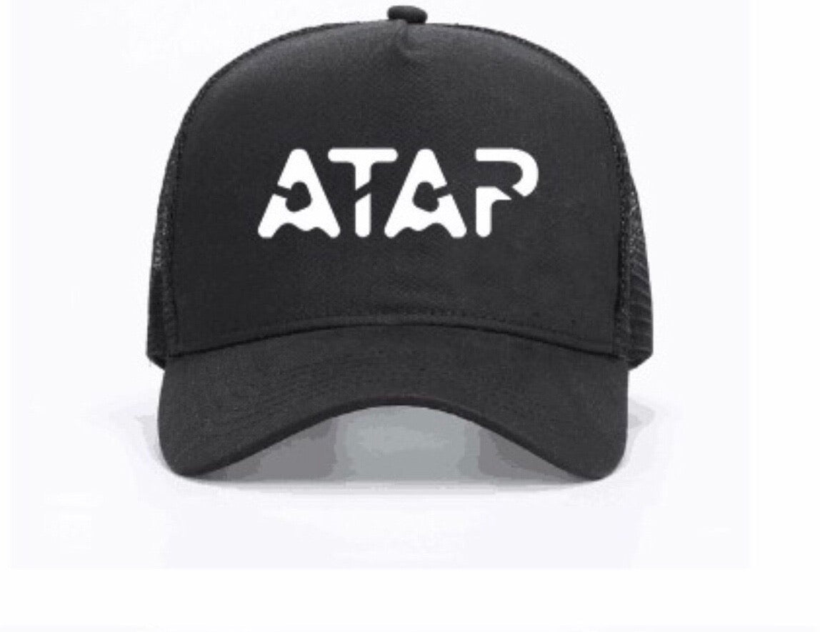 Black Trucker Cap with ATAP embroidery logo, featuring a mesh back and adjustable snapback closure.