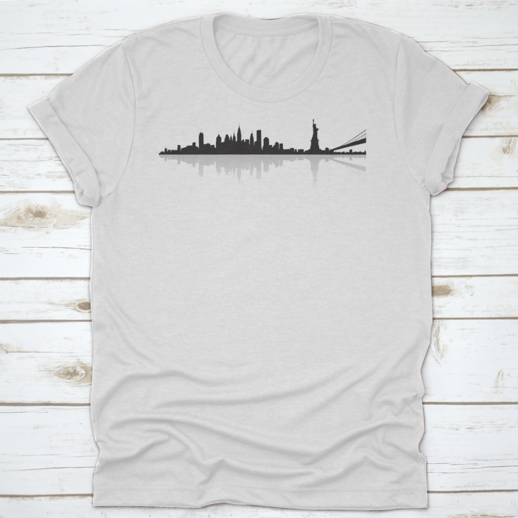 Black t-shirt featuring a shadow design of the New York City skyline, showcasing a stylish urban aesthetic.