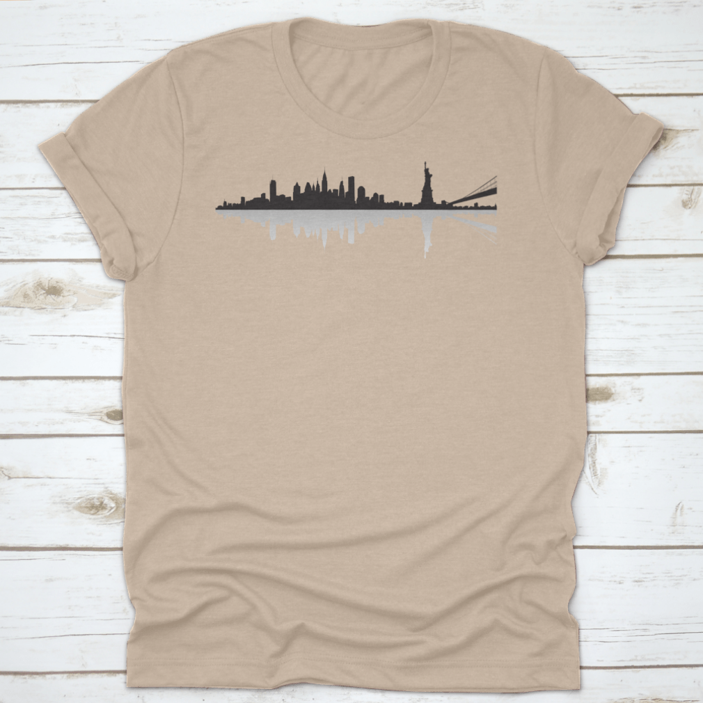 Black t-shirt featuring a shadow design of the New York City skyline, showcasing a stylish urban aesthetic.