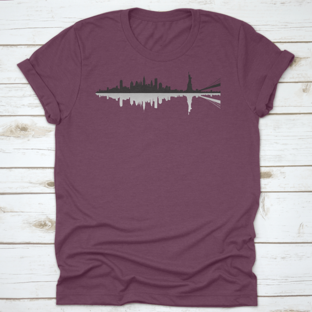 Black t-shirt featuring a shadow design of the New York City skyline, showcasing a stylish urban aesthetic.