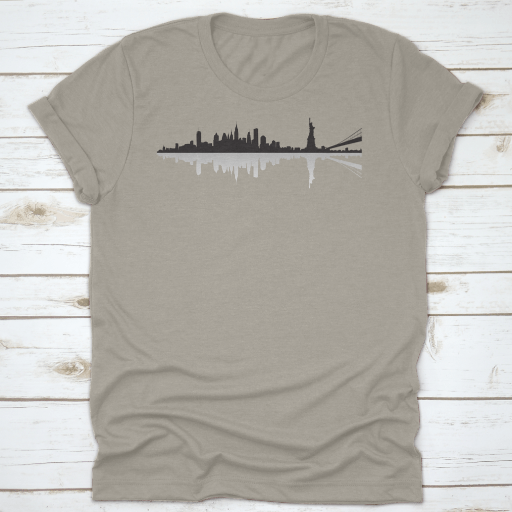 Black t-shirt featuring a shadow design of the New York City skyline, showcasing a stylish urban aesthetic.