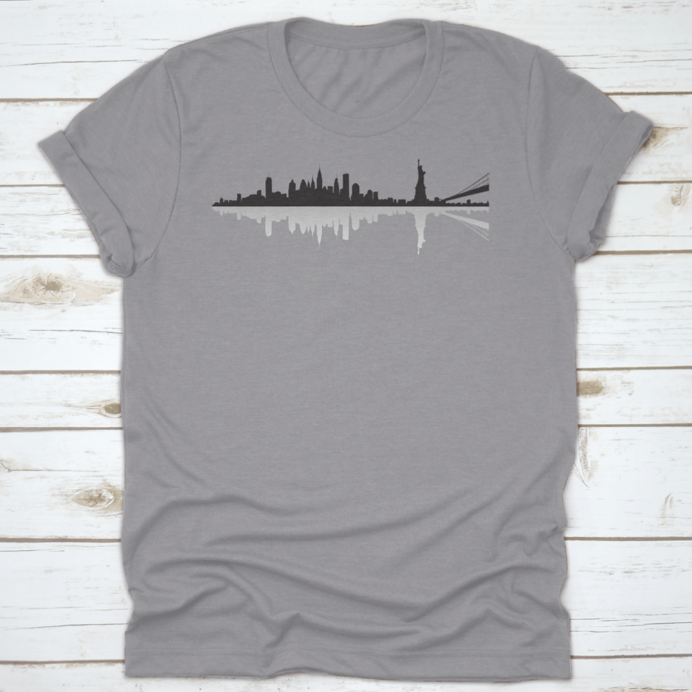 Black t-shirt featuring a shadow design of the New York City skyline, showcasing a stylish urban aesthetic.