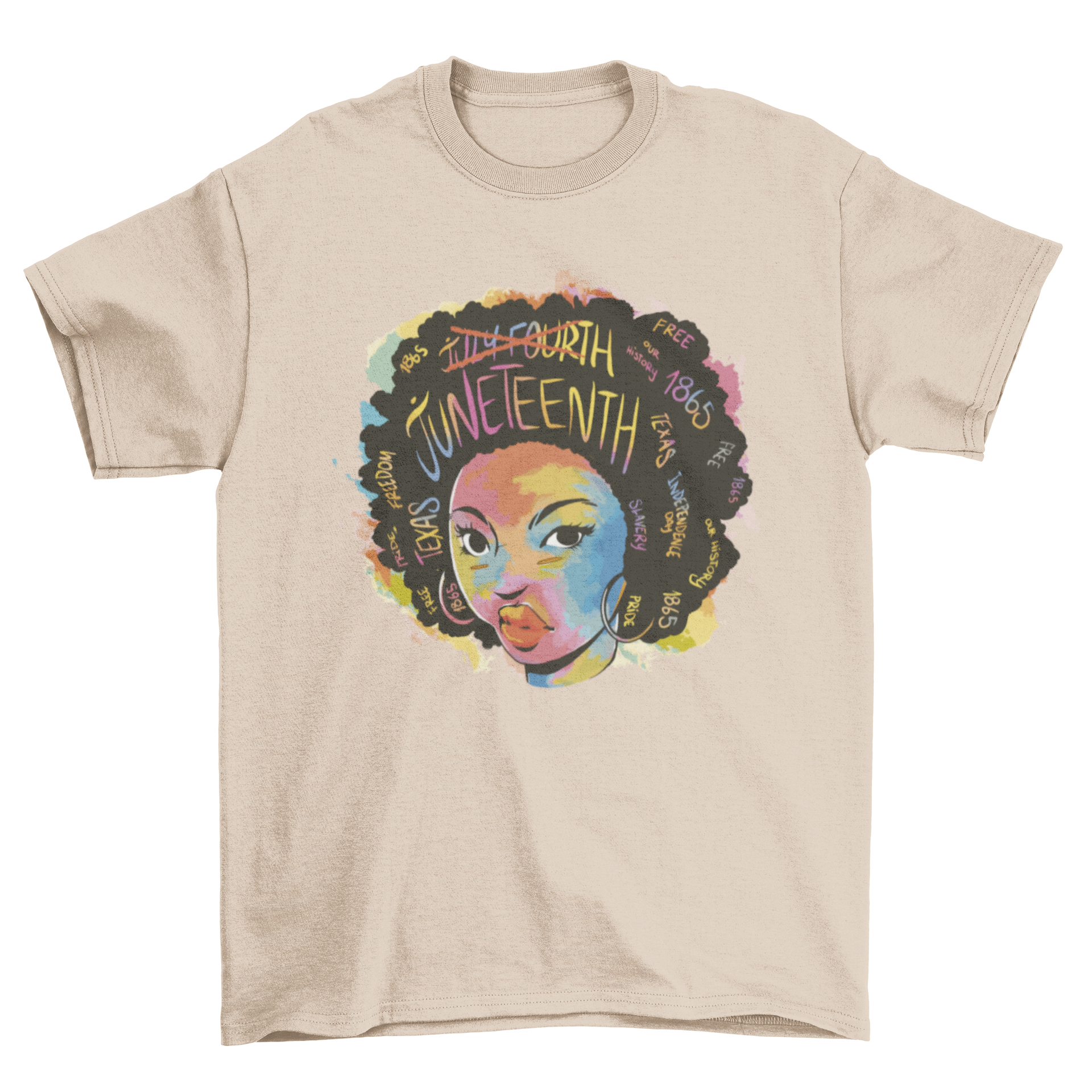 Black woman Juneteenth t-shirt featuring an illustration and the word 'Juneteenth'.