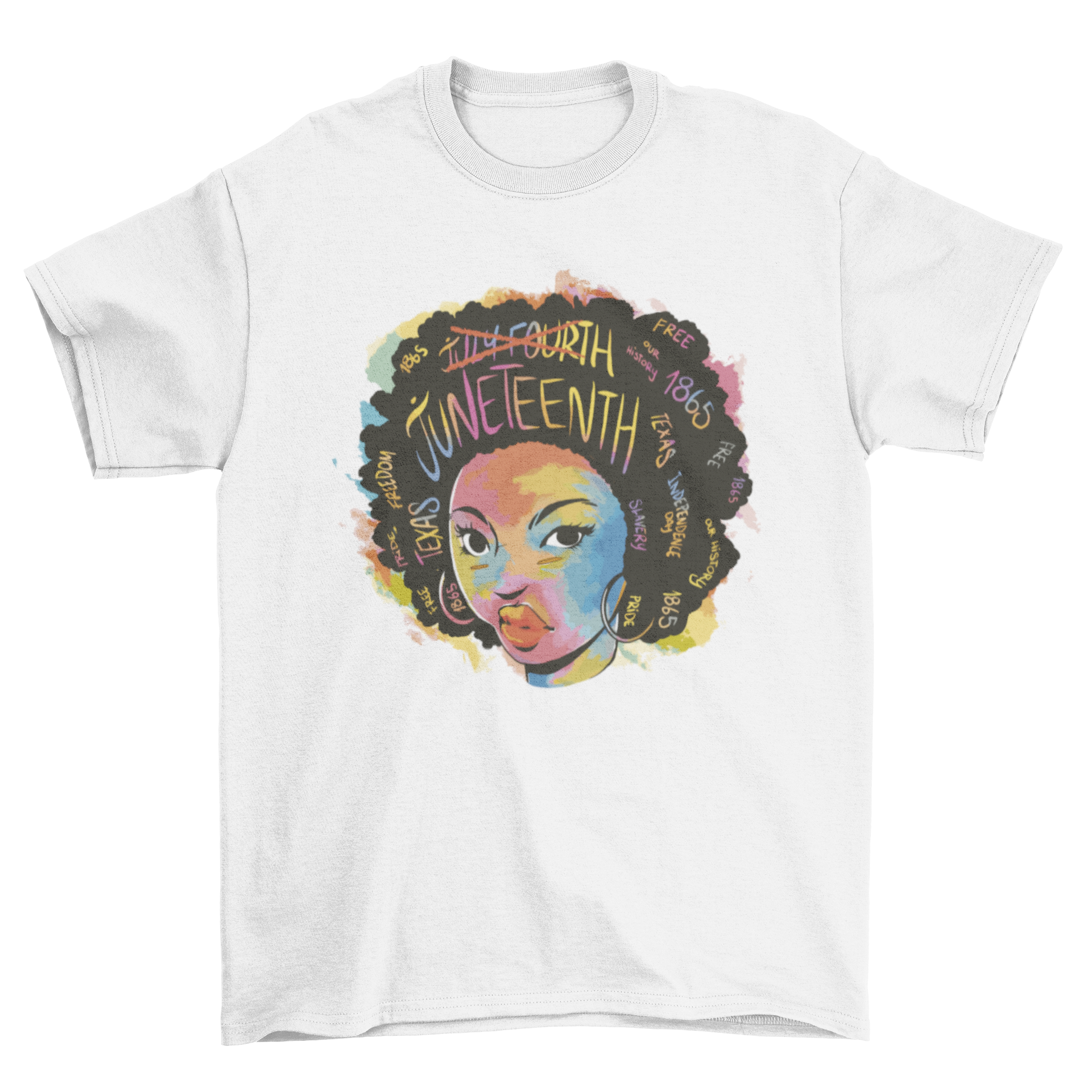 Black woman Juneteenth t-shirt featuring an illustration and the word 'Juneteenth'.