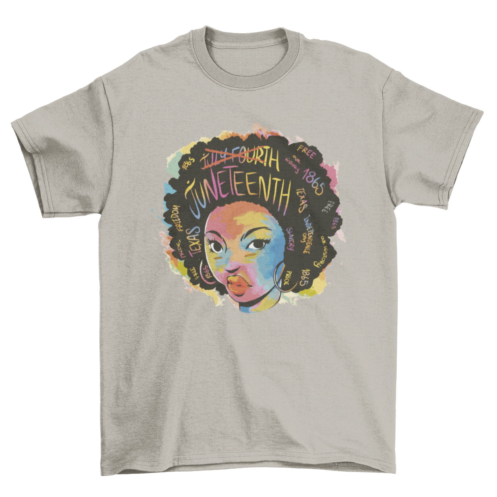 Black woman Juneteenth t-shirt featuring an illustration and the word 'Juneteenth'.