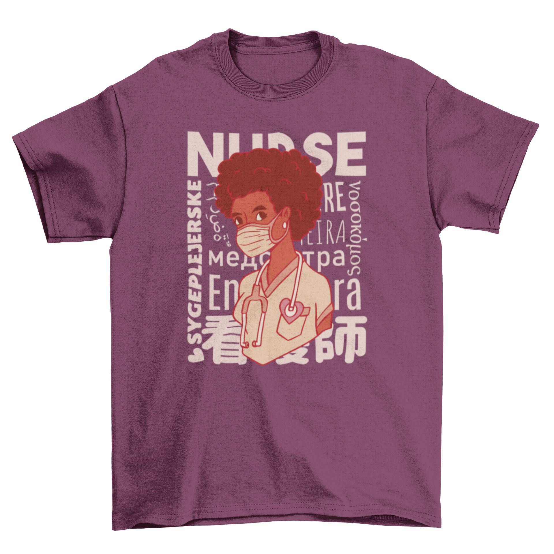 Black woman nurse character t-shirt featuring vibrant design and the word 'nurse' in multiple languages.