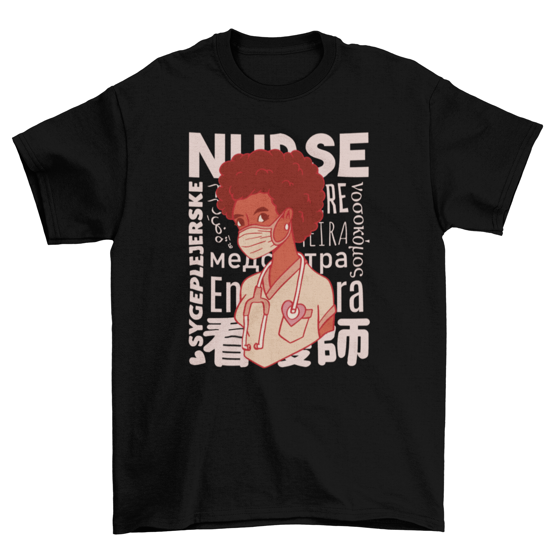 Black woman nurse character t-shirt featuring vibrant design and the word 'nurse' in multiple languages.