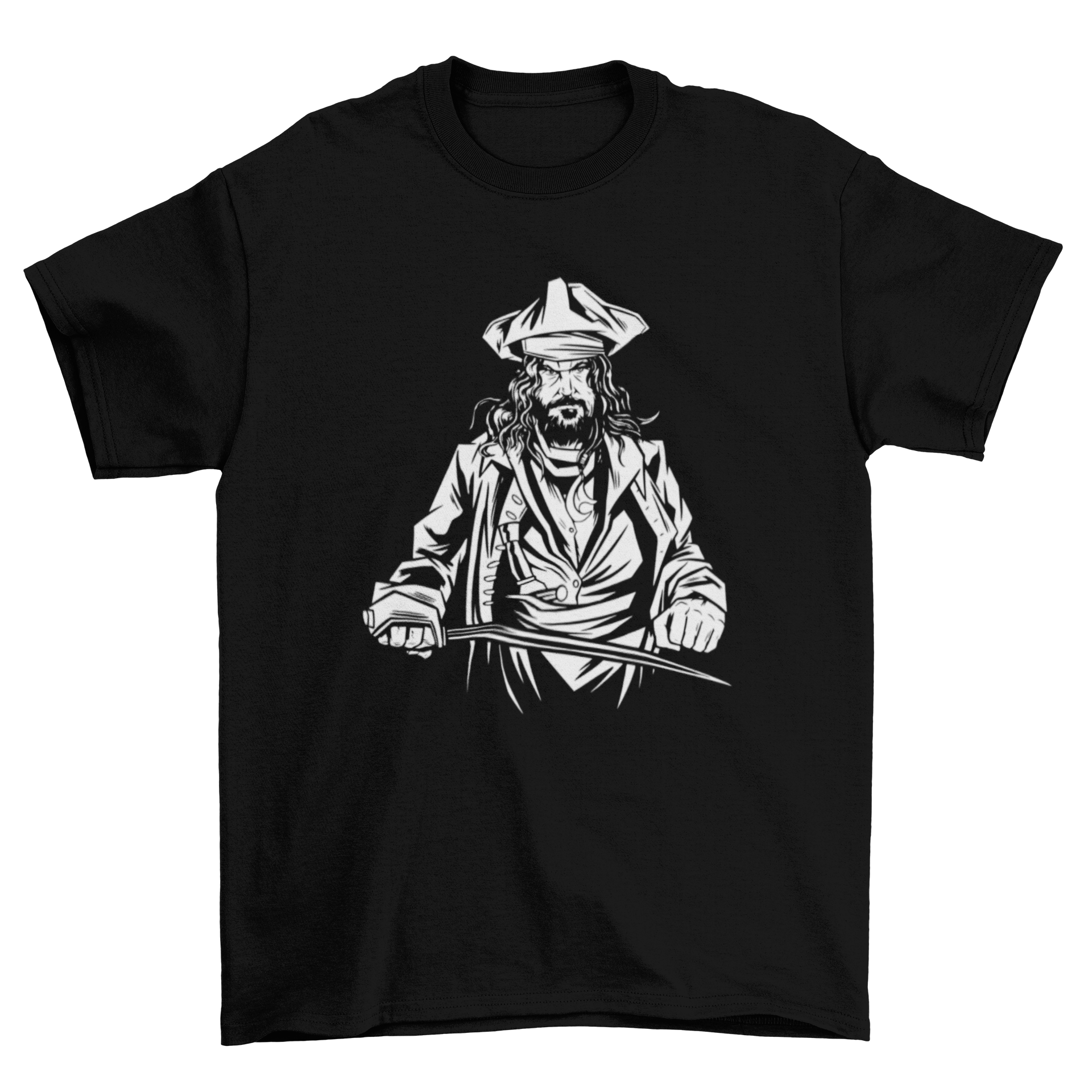 Blackbeard pirate t-shirt featuring a graphic of Blackbeard holding a sword, perfect for pirate enthusiasts.