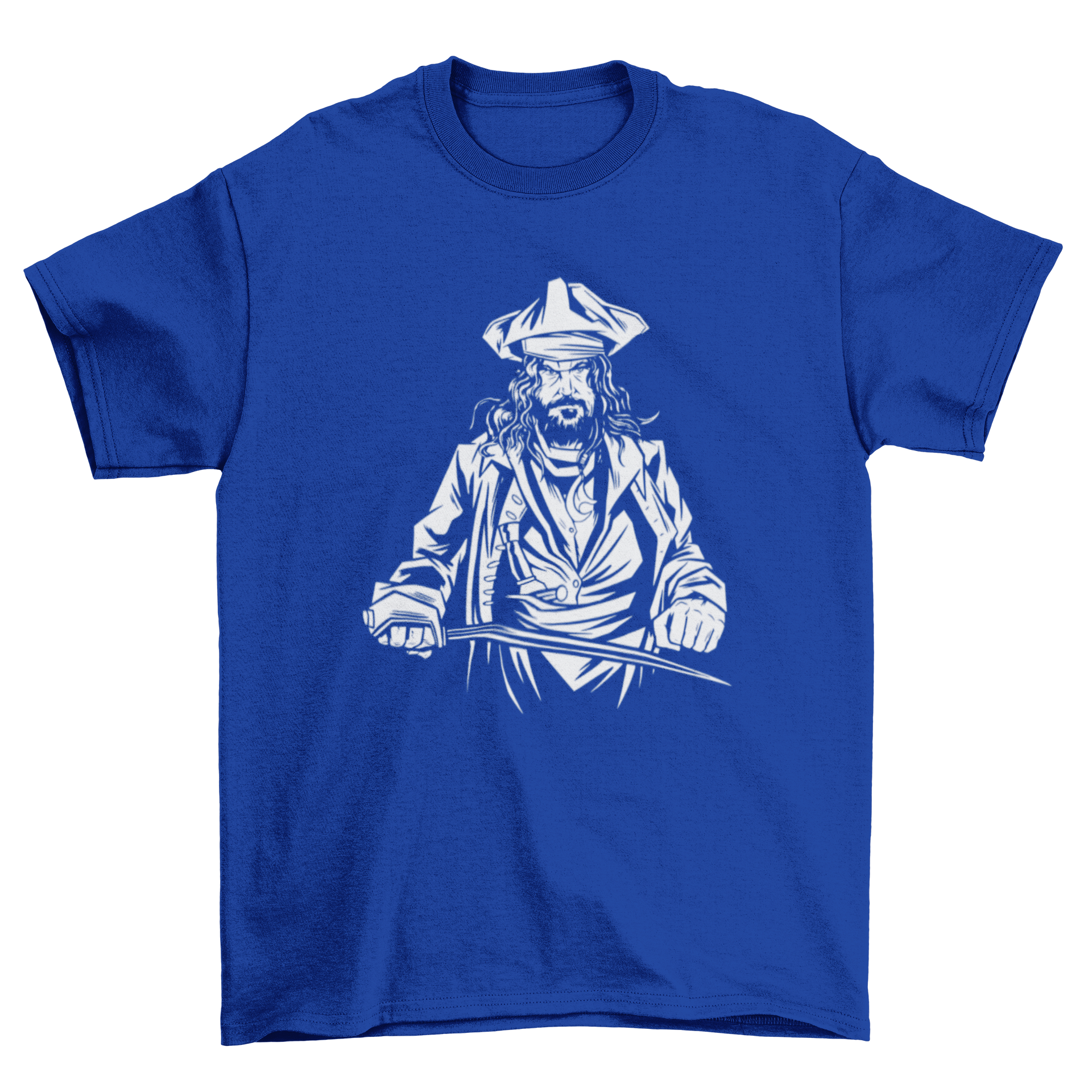 Blackbeard pirate t-shirt featuring a graphic of Blackbeard holding a sword, perfect for pirate enthusiasts.