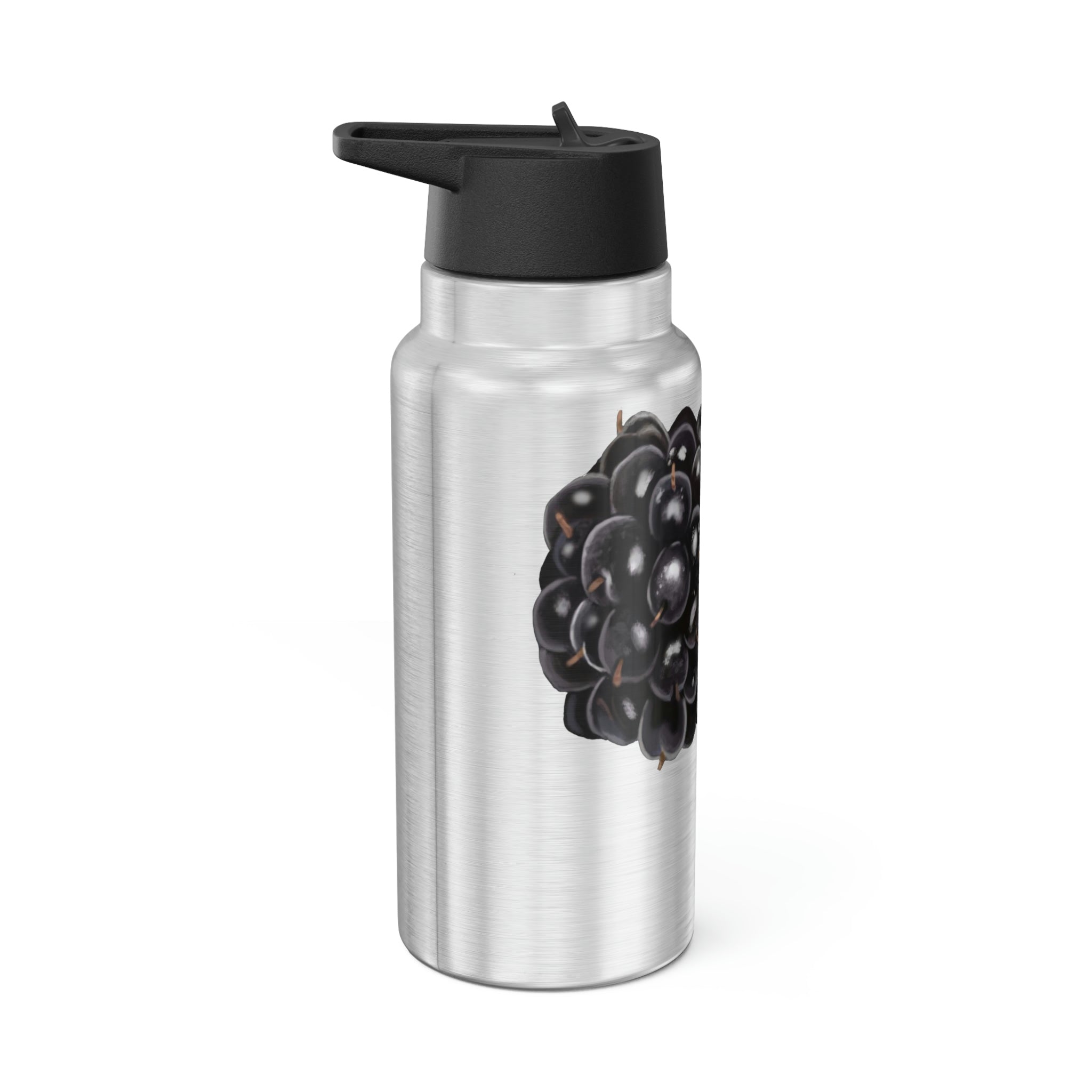 Blackberry Gator Tumbler in stainless steel with a black cap and straw, showcasing its sleek design and 32oz capacity.