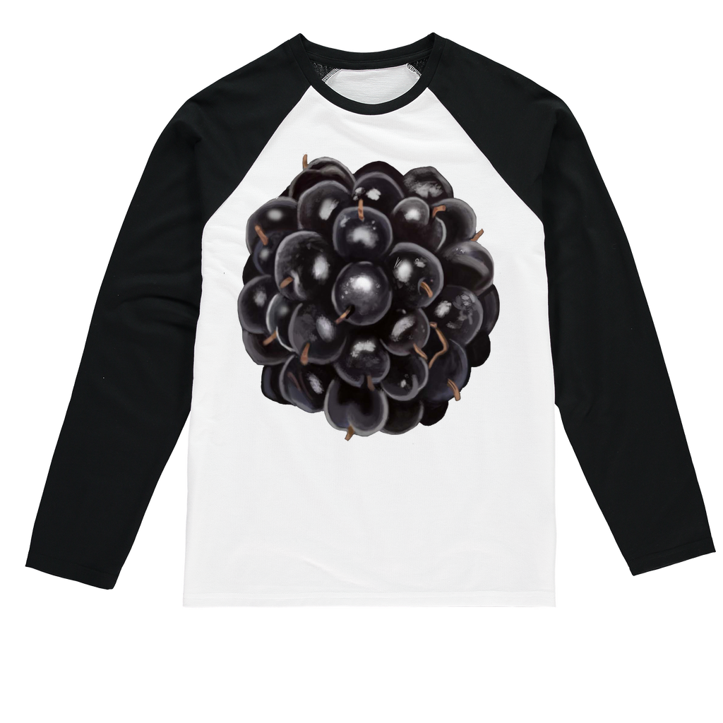 BlackBerry Sublimation Baseball Long Sleeve T-Shirt featuring long sleeves, crew neck, and mixed fabric for comfort and durability.