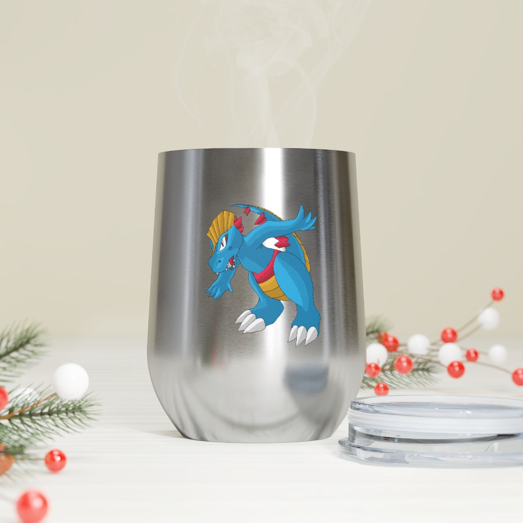 Blastdile 12oz Insulated Wine Tumbler in stainless steel with clear lid, perfect for hot and cold beverages.