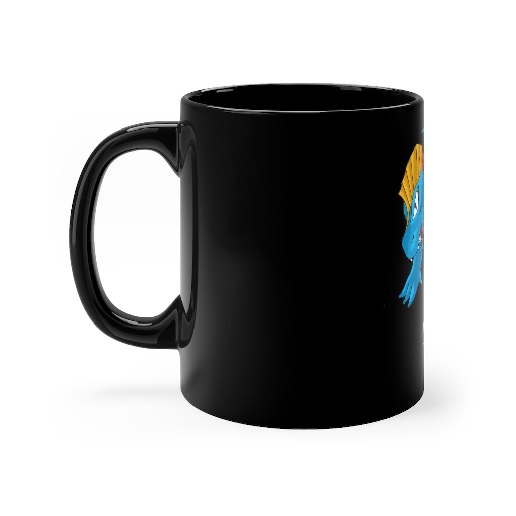 A sleek 11oz black ceramic mug with rounded corners and a C-handle, perfect for personalized designs.