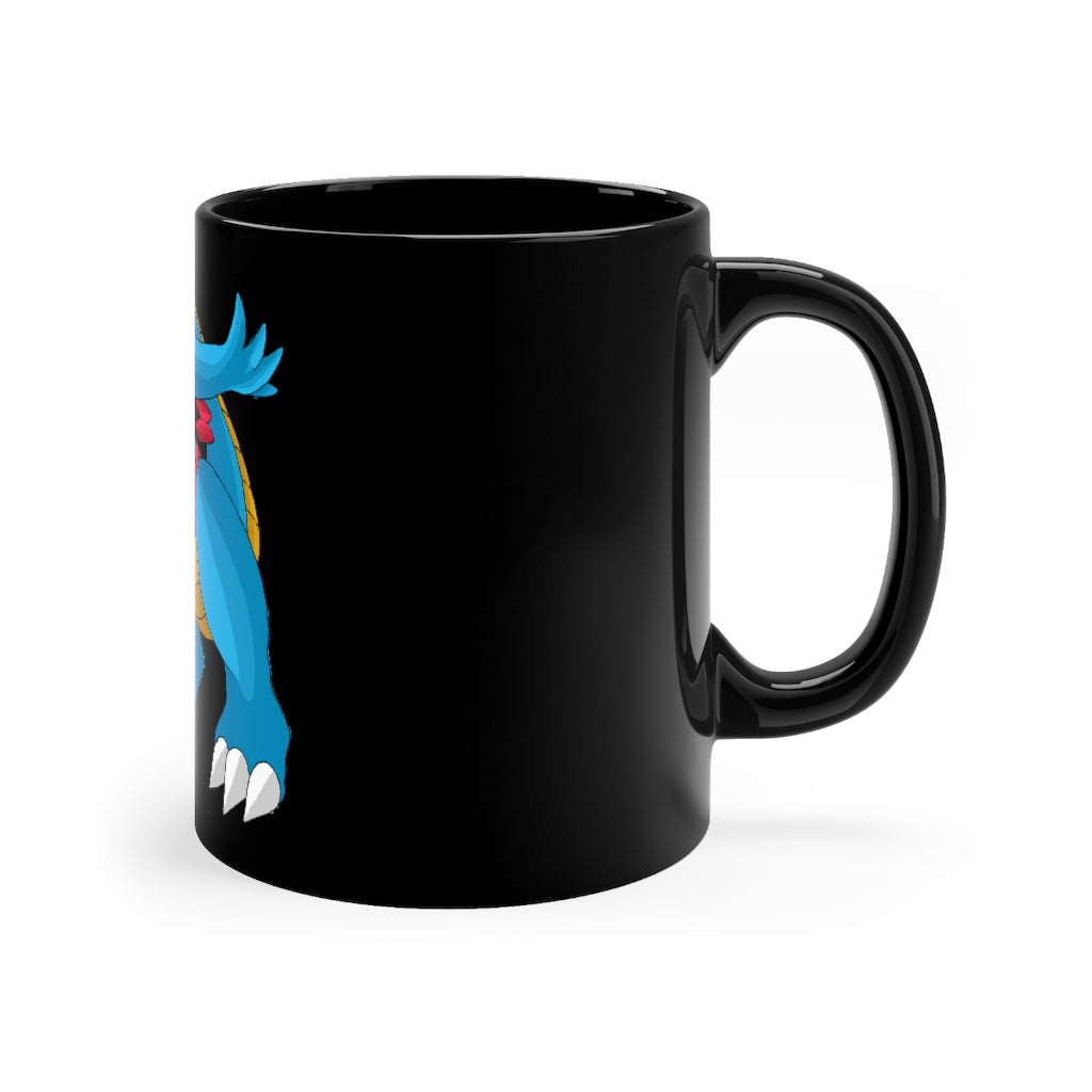 A sleek 11oz black ceramic mug with rounded corners and a C-handle, perfect for personalized designs.