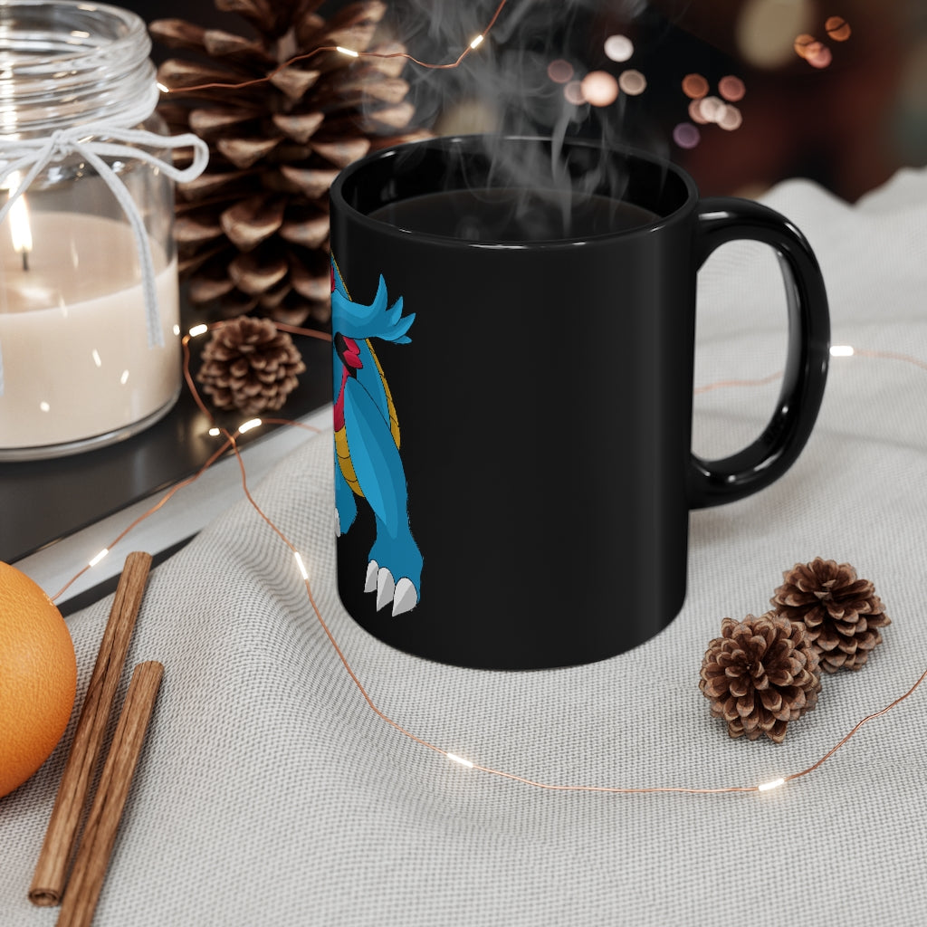 A sleek 11oz black ceramic mug with rounded corners and a C-handle, perfect for personalized designs.